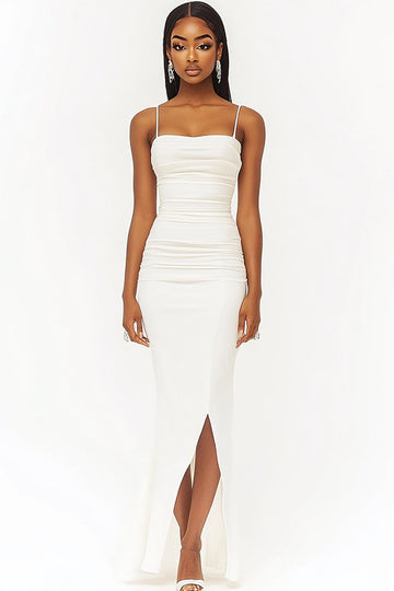 White Sheath Spaghetti Straps Ruched Graduation Dress with Slit